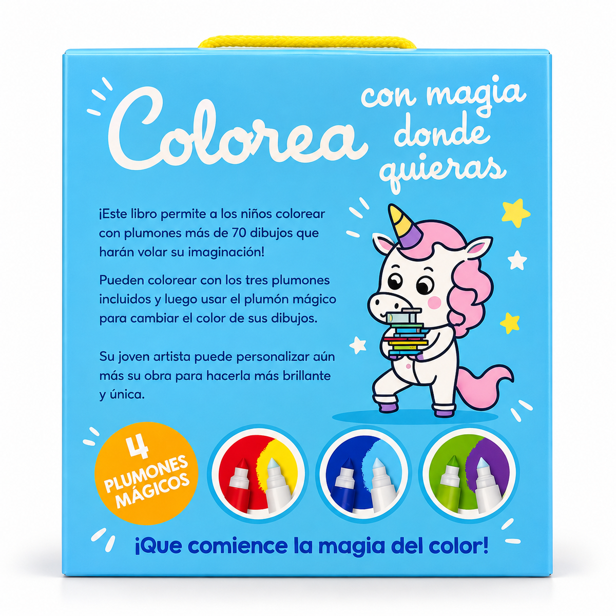 Parte trasera del libro Colorea con Magia con más de 70 dibujos y 4 plumones