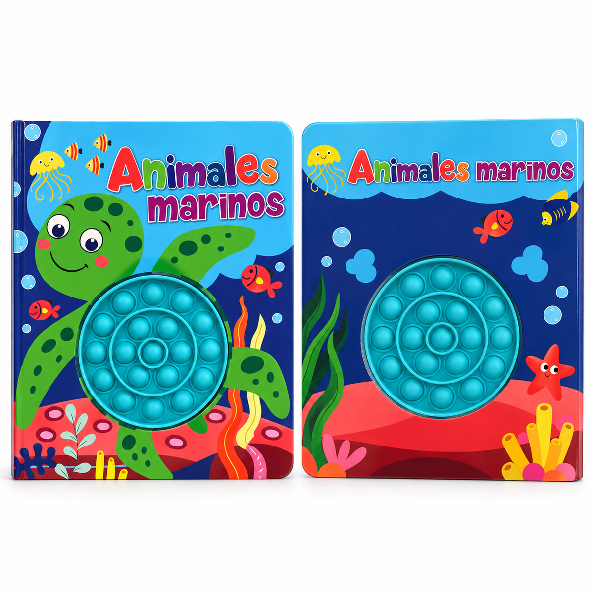 Libro sensorial Animales Marinos con burbujas de silicón, portada y contraportada