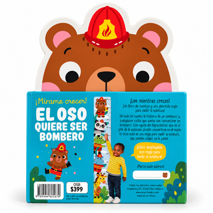 Contraportada del libro Oso Bombero con regla para medir la estatura