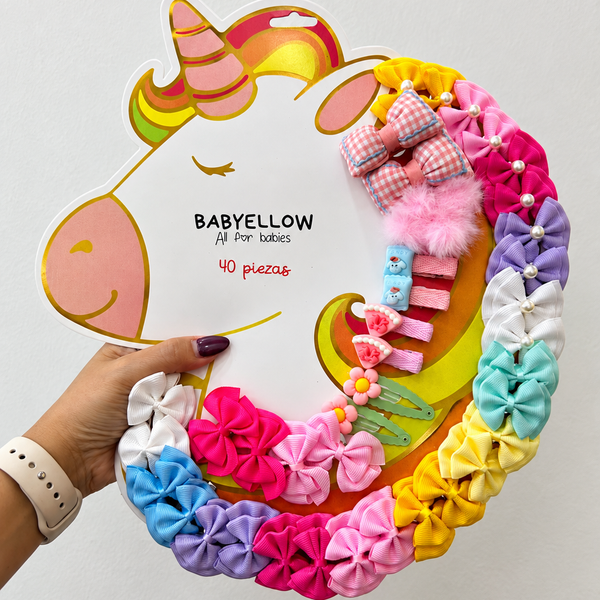 Set de 40 Moños y Broches para Niña – Unicornio