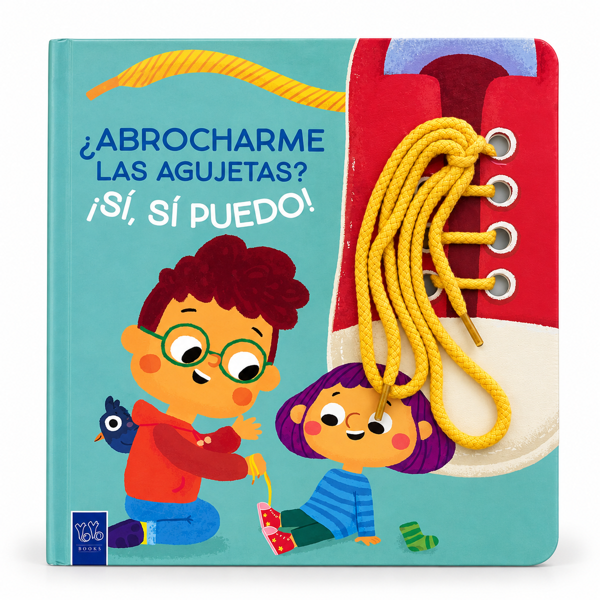 Portada del libro infantil para aprender a amarrar agujetas con agujeta real