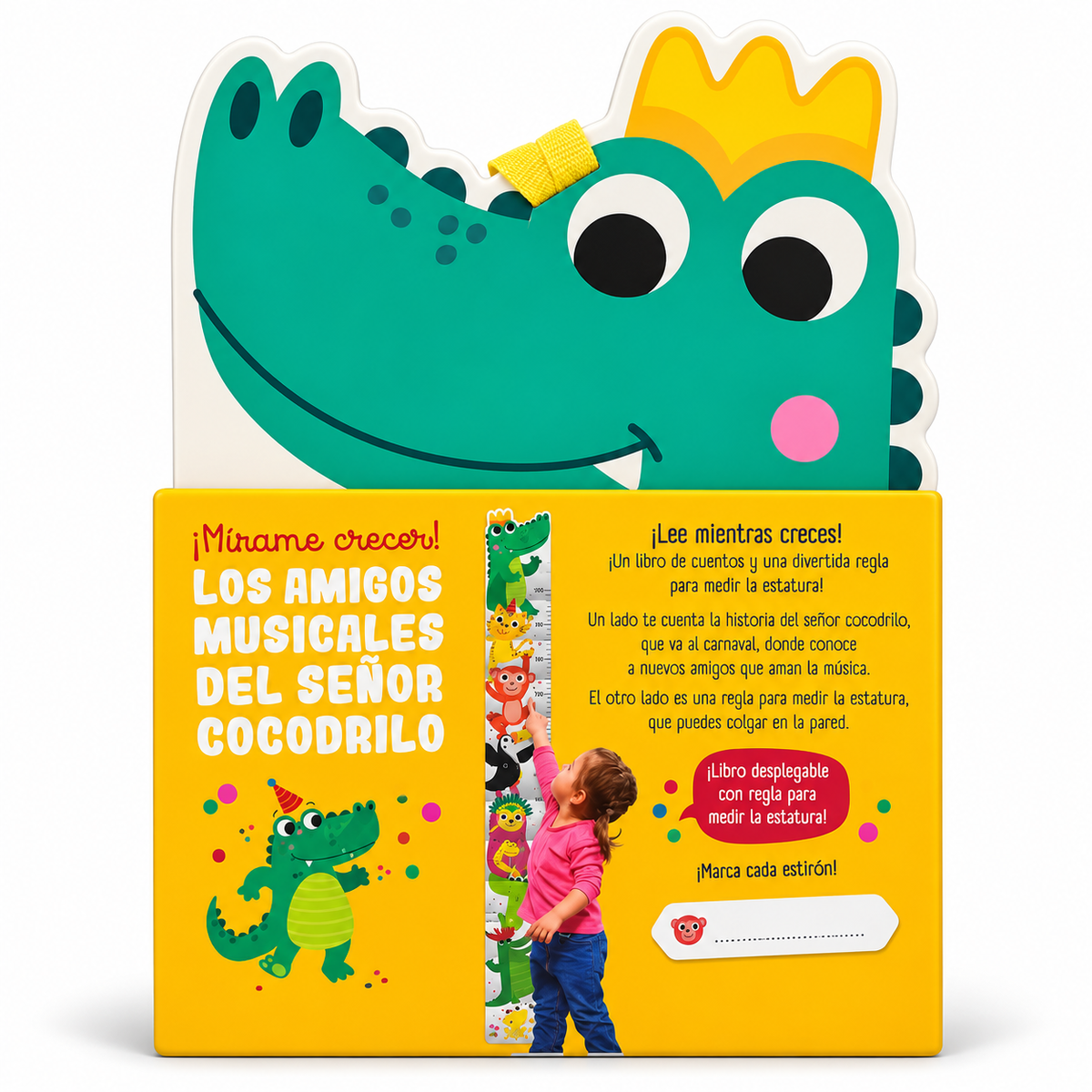 Contraportada del libro Cocodrilo Musical con regla para medir la estatura