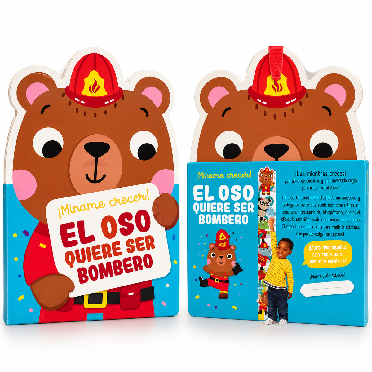 Libro infantil Oso Bombero con regla para medir la estatura, portada y contraportada