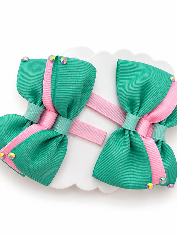 Set de 2 Moños para Niña Verde Menta y Rosa con Brillos