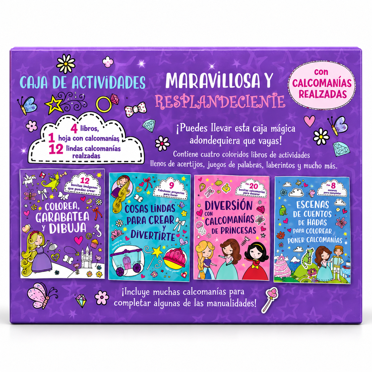 Parte trasera de la caja de actividades con 4 libros de princesas