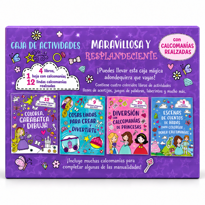Parte trasera de la caja de actividades con 4 libros de princesas
