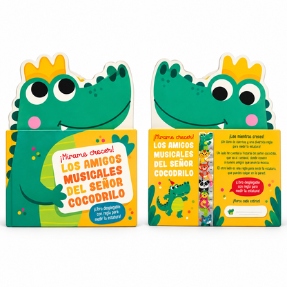 Libro infantil Cocodrilo Musical con regla para medir la estatura, portada y contraportada