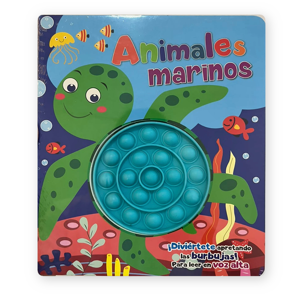 Portada del libro Animales Marinos con tortuga y burbujas para apretar