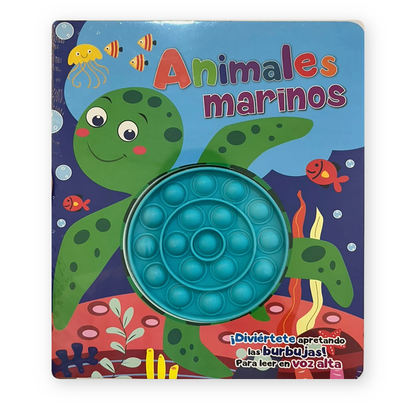 Portada del libro Animales Marinos con tortuga y burbujas para apretar