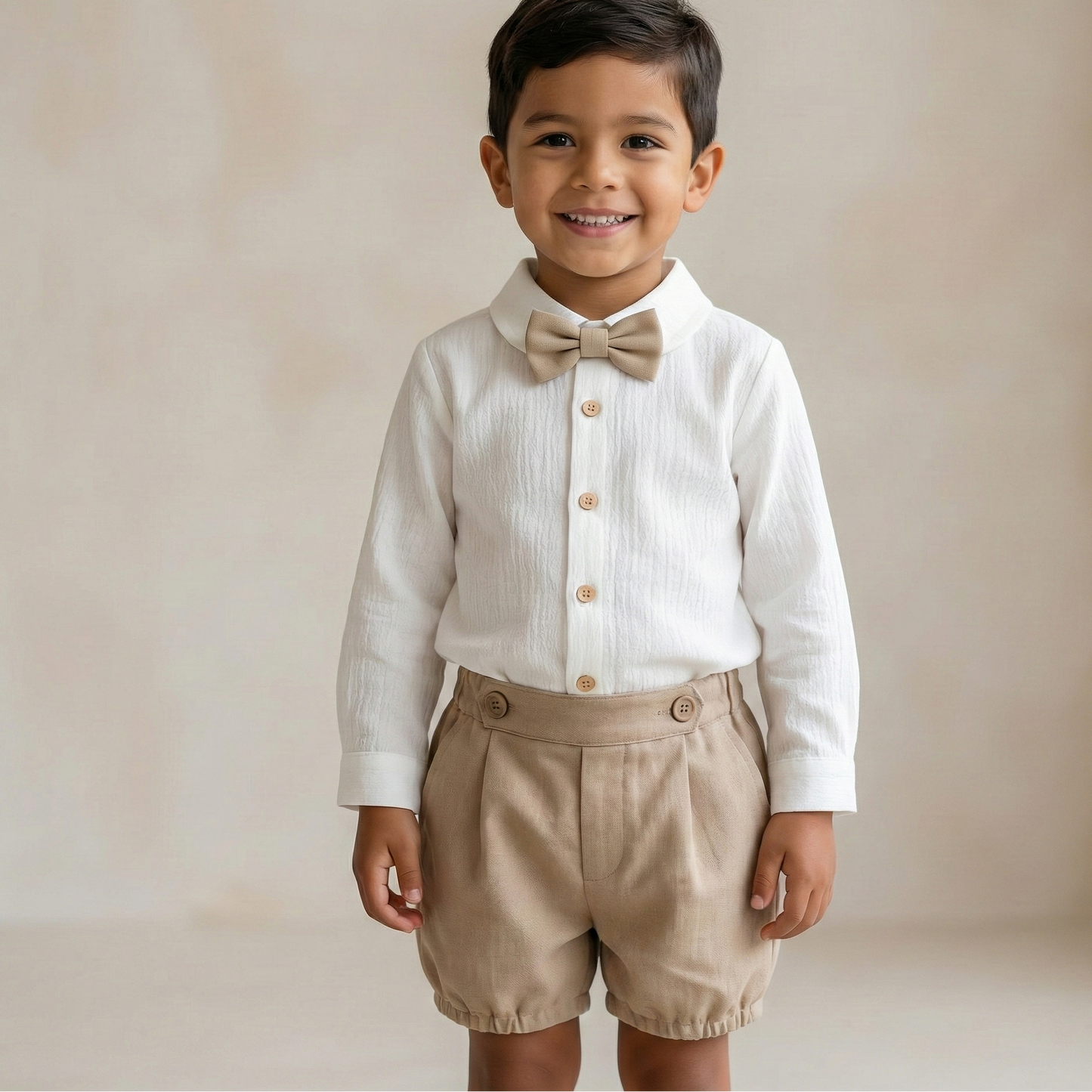 Conjunto camisa blanca con moño y short beige